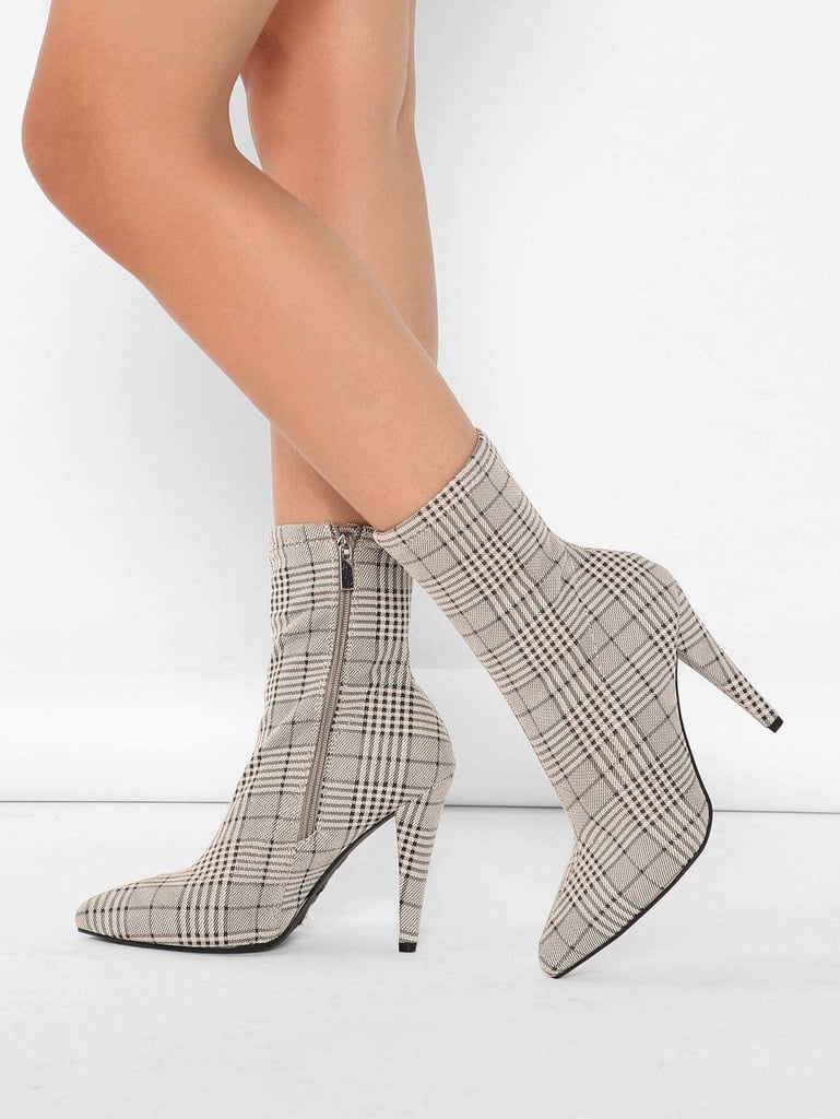 Shein Plaid Printed Pointed Stretch Sock Heel Booties