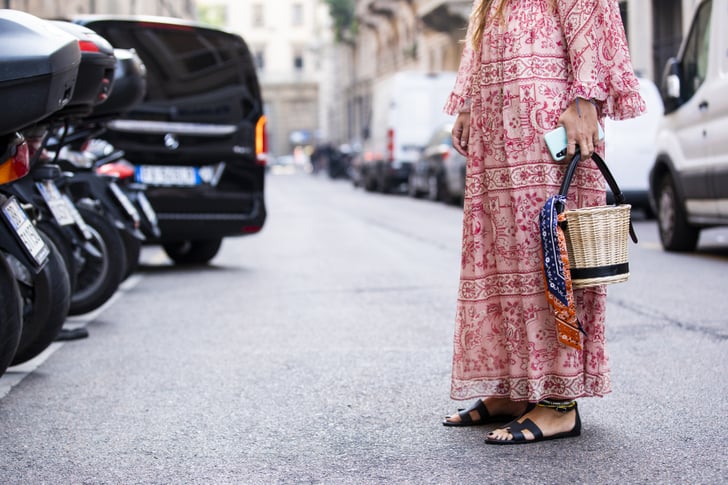 Style your favourite maxi dress with black sandals and a basket bag.