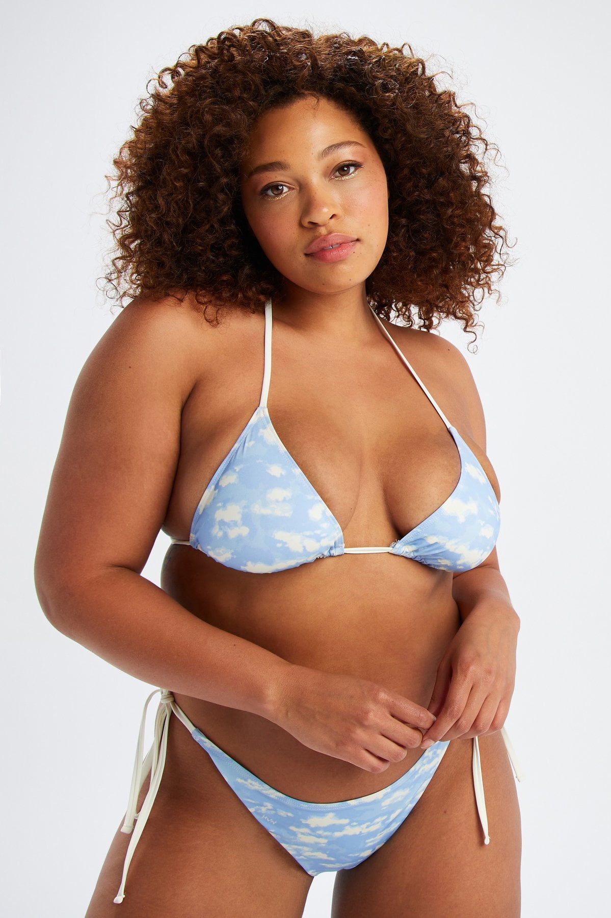 HVN Cloud Print Triangle Bikini Top + Side Tie Bikini Bottoms