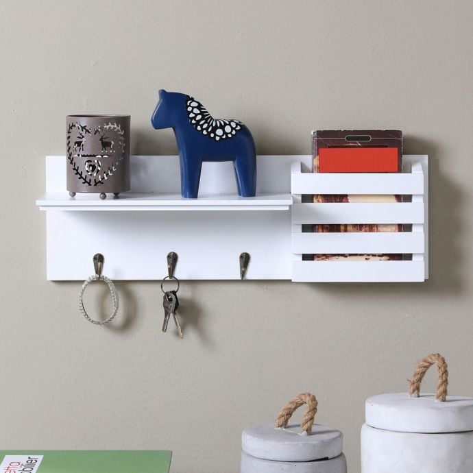 Danya B. Utility Shelf with Pocket and Hanging Hooks in White