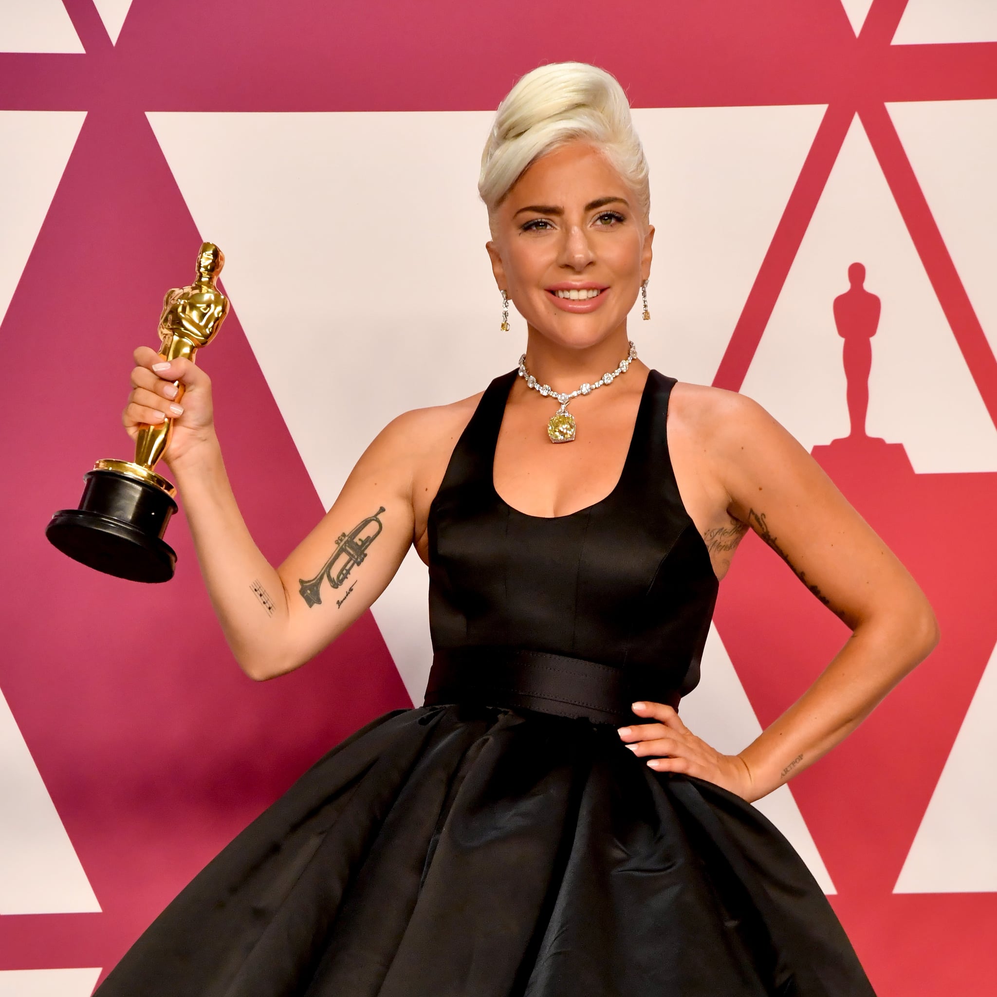 HOLLYWOOD, CALIFORNIA:  (EDITORS NOTE: Retransmission with alternate crop.) Lady Gaga, winner of Best Original Song for 'Shallow' from 'A Star is Born' poses in the press room during the 91st Annual Academy Awards at Hollywood and Highland on February 24, 2019 in Hollywood, California.  (Photo by Jeff Kravitz/FilmMagic)