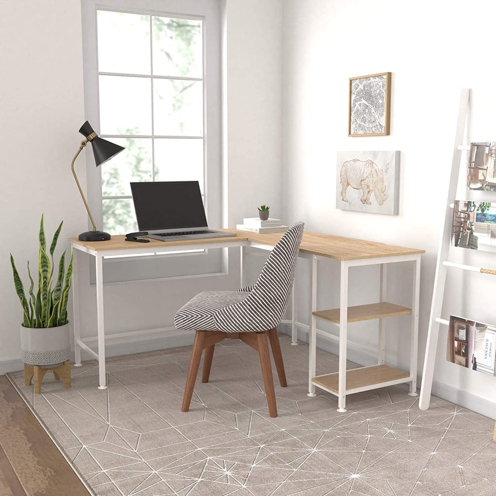 Amazon Basics L-Shape Computer Desk with Shelves for Storage