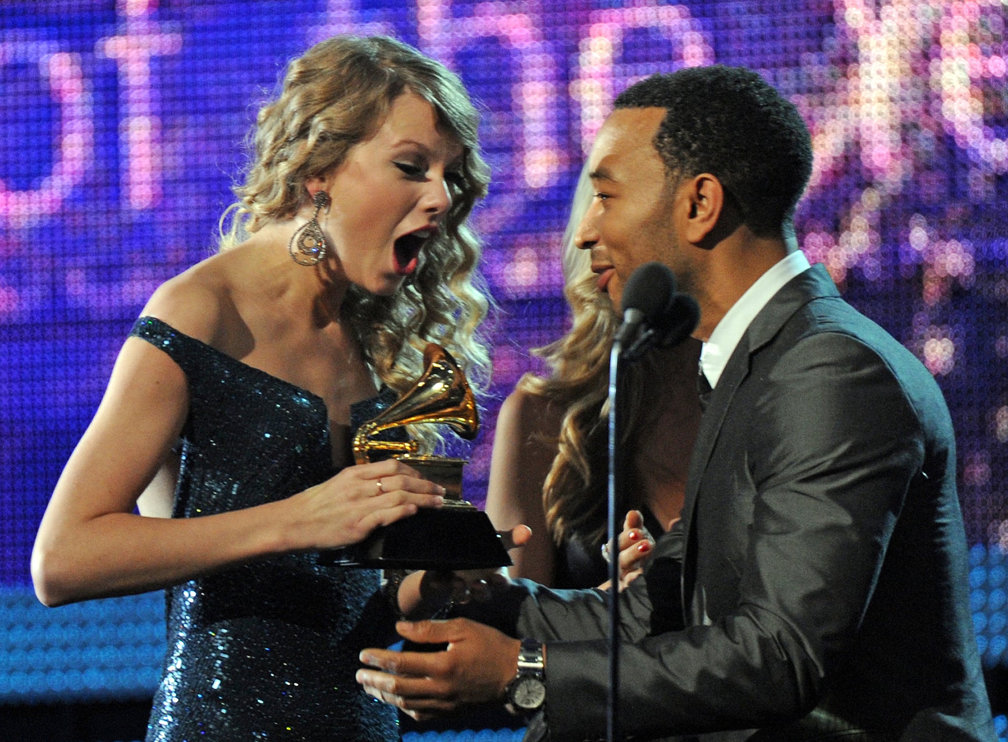 The look on Taylor Swift's face said it all when she was presented with one of four trophies during the 2010 award show.
