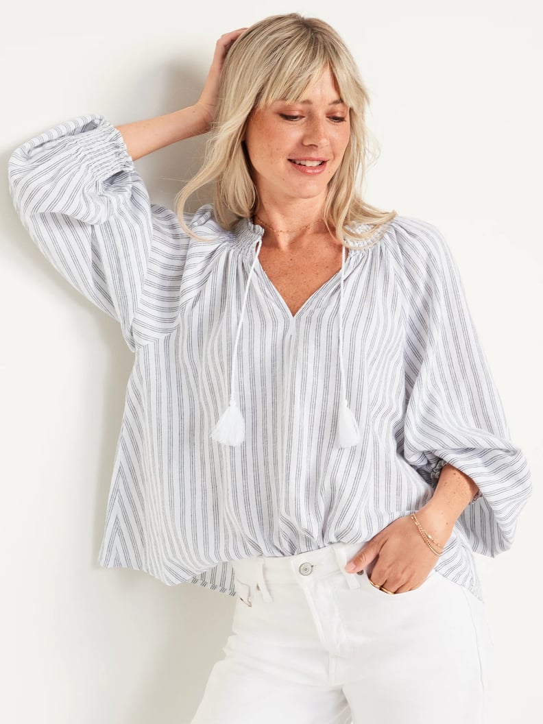 A Striped Shirt: Old Navy Puff-Sleeve Striped Linen-Blend Smocked Poet Blouse