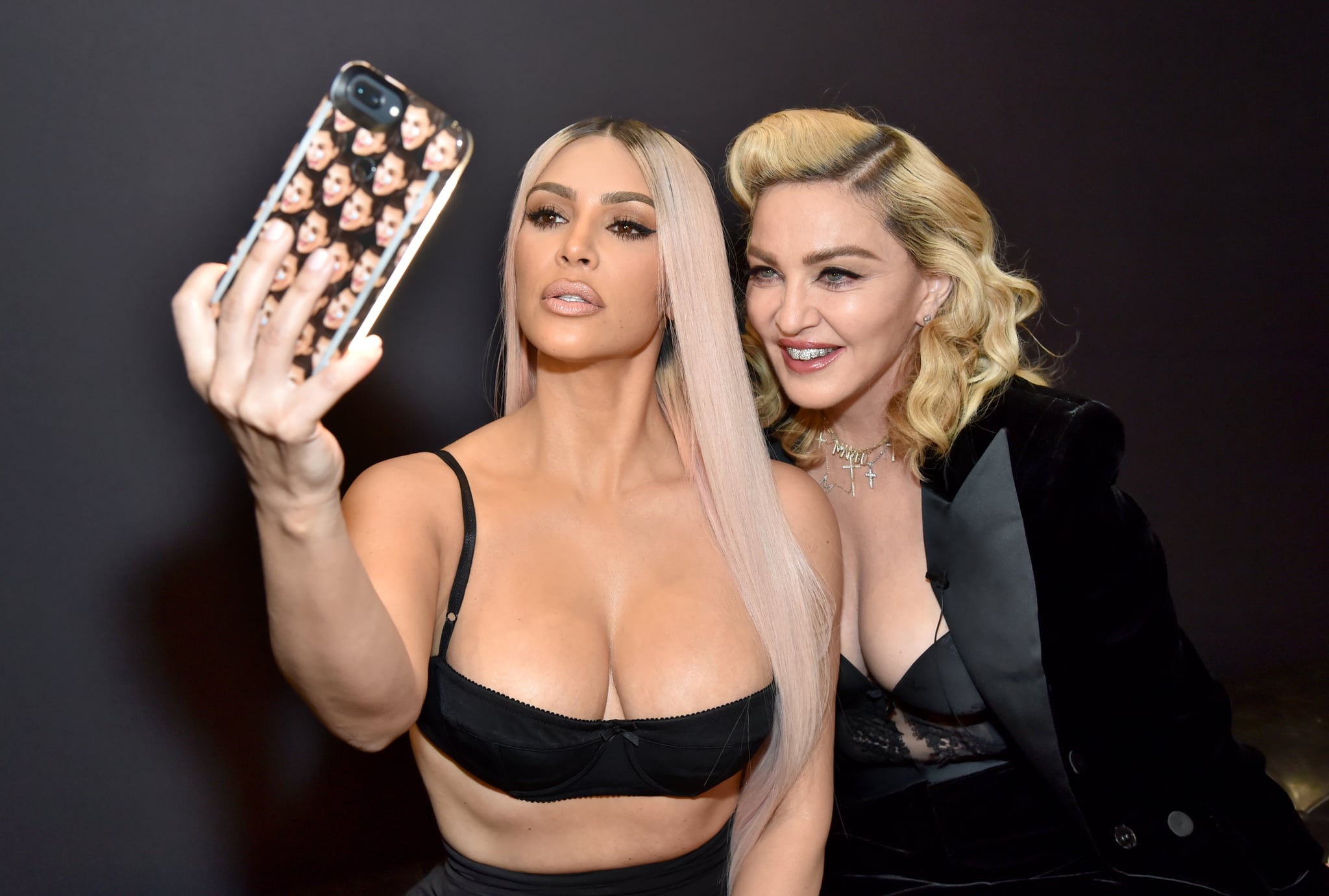 LOS ANGELES, CA - MARCH 06:  Kim Kardashian west and Madonna backstage at MDNA SKIN hosts Madonna and Kim Kardashian West for a beauty conversation at YouTube Space LA on March 6, 2018 in Los Angeles, California.  (Photo by Kevin Mazur/Getty Images for Madonna's MDNA SKIN)