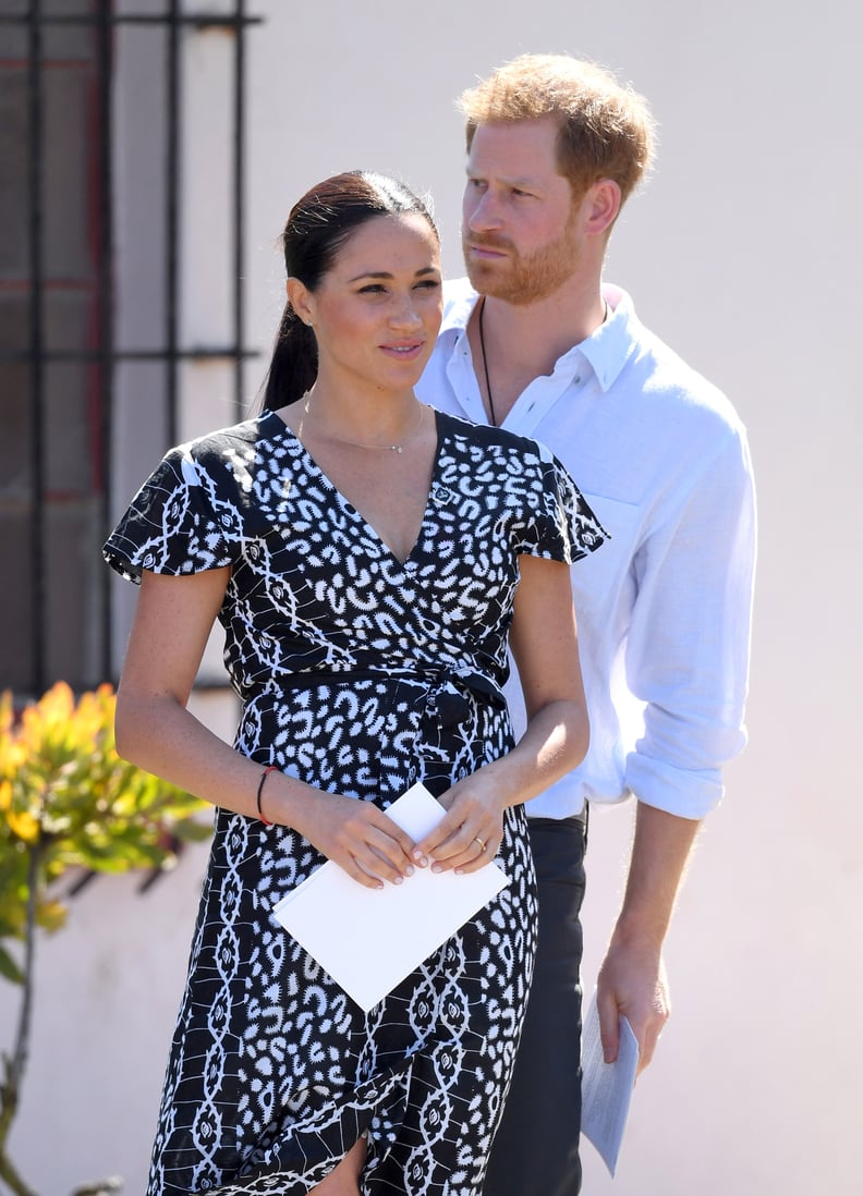 Meghan Markle Wearing an Evil Eye Necklace and Patterned Dress
