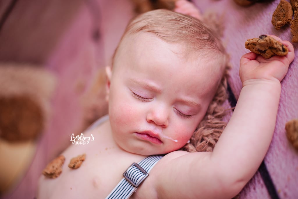 Photos of Baby Asleep During Milk and Cookies Birthday Shoot