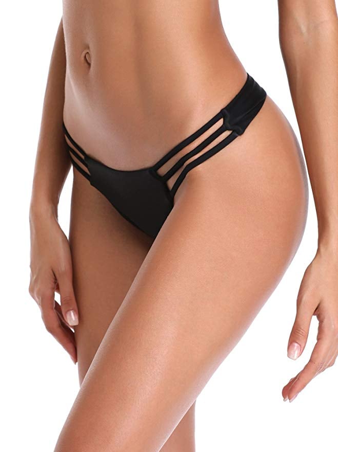 Relleciga Women's Triple Strappy Black Bikini Bottoms