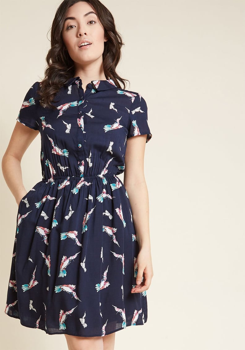 Joyfully Committed Shirt Dress in Navy Birds