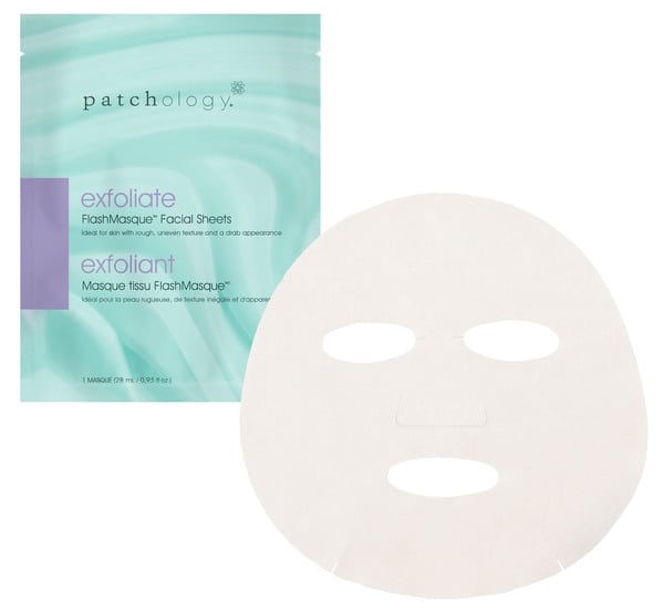 Best for: Brightening a dull, screen-ravaged complexion.
 Most sheet masks take up to 30 minutes to work their magic, but you only have to wear Patchology's Exfoliate FlashMasque ($50 for eight masks) for five minutes to see luminous, resurfaced skin. Papain and lactic acid dissolve and shed dead cells to reveal your fresh face hiding underneath.