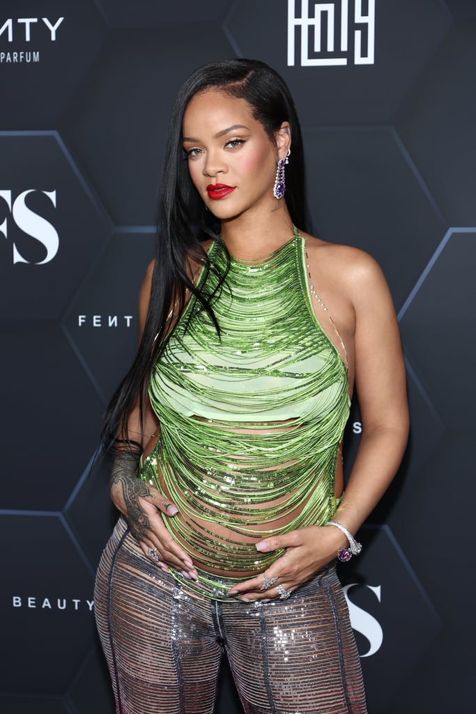 Rihanna Shredded 2-Piece Bump-Baring Outffit