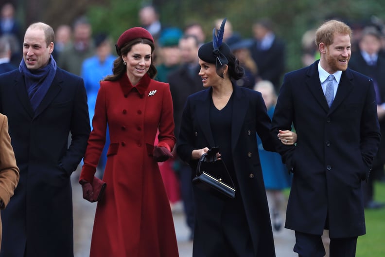 KING'S LYNN, ENGLAND - DECEMBER 25: (L-R) Prince William, Duke of Cambridge, Catherine, Duchess of Cambridge, Meghan, Duchess of Sussex and Prince Harry, Duke of Sussex arrive to attend Christmas Day Church service at Church of St Mary Magdalene on the Sa