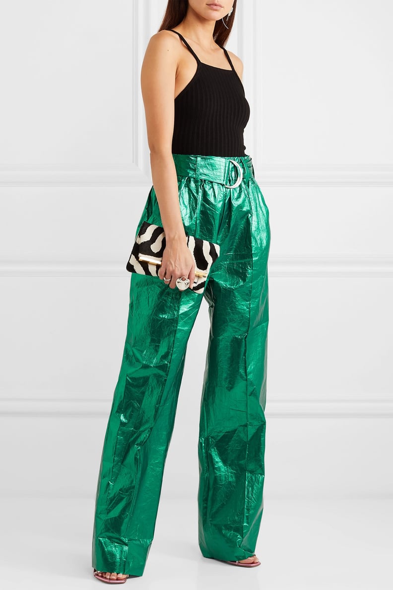 Stand Studios Alaina belted crinkled metallic faux leather wide-leg pants