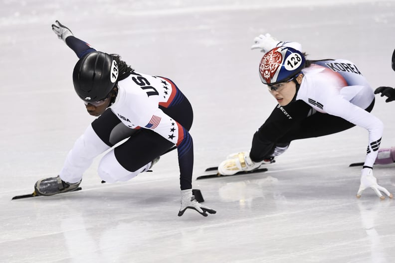 USA's Maame Biney (L) and South Korea's Kim Alang take part in the women's 500m short track speed skating heat event during the Pyeongchang 2018 Winter Olympic Games, at the Gangneung Ice Arena in Gangneung on February 10, 2018. / AFP PHOTO / ARIS MESSINI