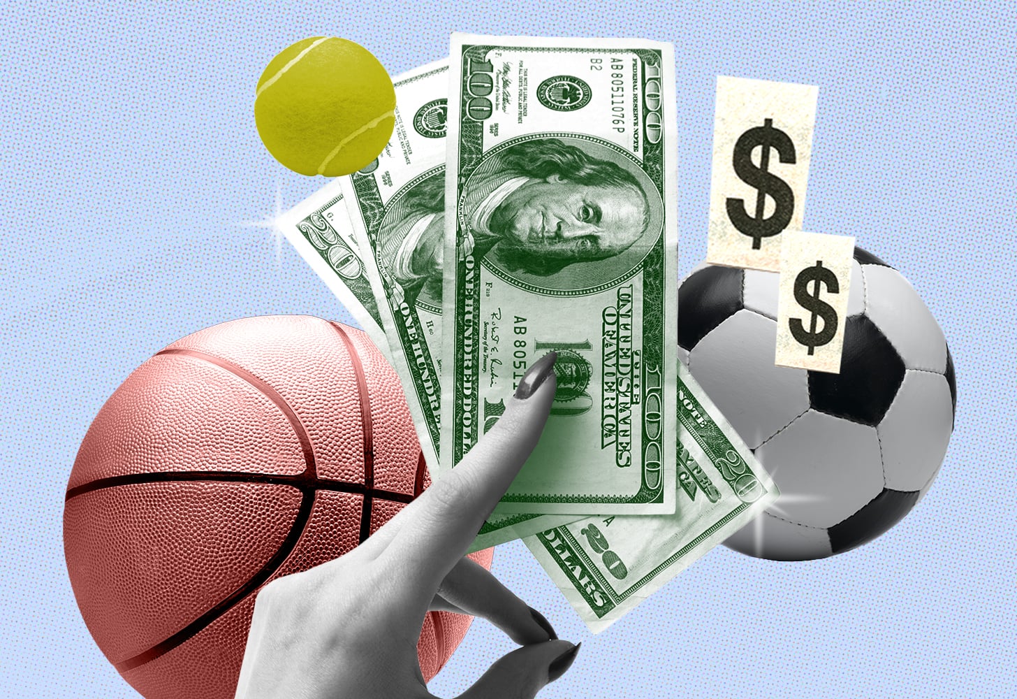 A collaged image shows hands and money and different sports equipment, including a soccer ball.
