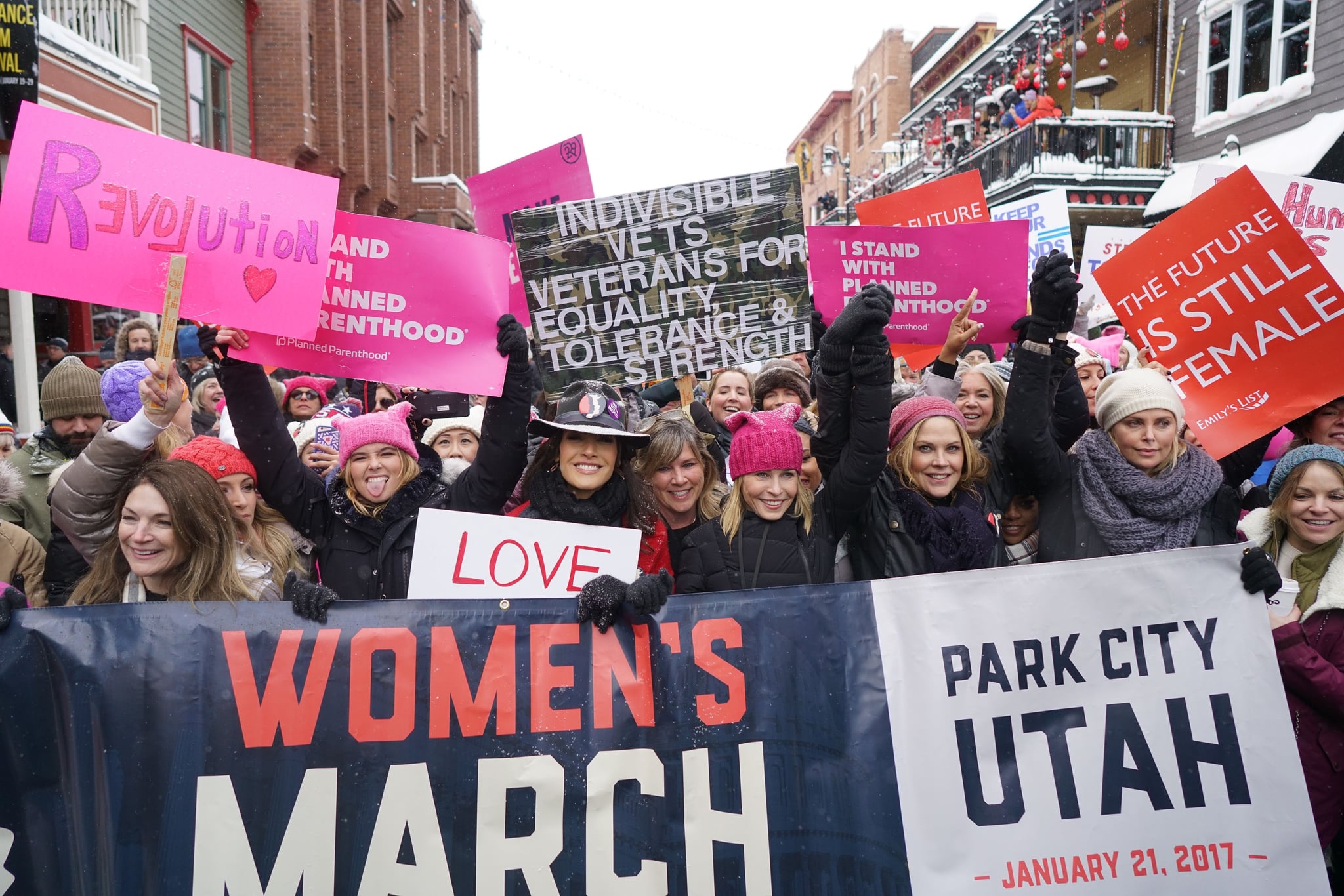 Mandatory Credit: Photo by Chelsea Lauren/REX/Shutterstock (7945692az)Zoey Deutch, Jennifer Beals, Chelsea Handler, Mary McCormack, Charlize TheronWomen's solidarity march, Park City, USA - 21 Jan 2017