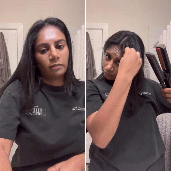 Woman using the Wet-or-Dry Air Straightener attachment for the Shark FlexFusion System.