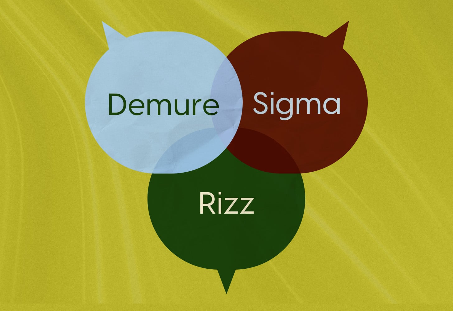 three speech bubbles containing the slang words demure, rizz, and sigma