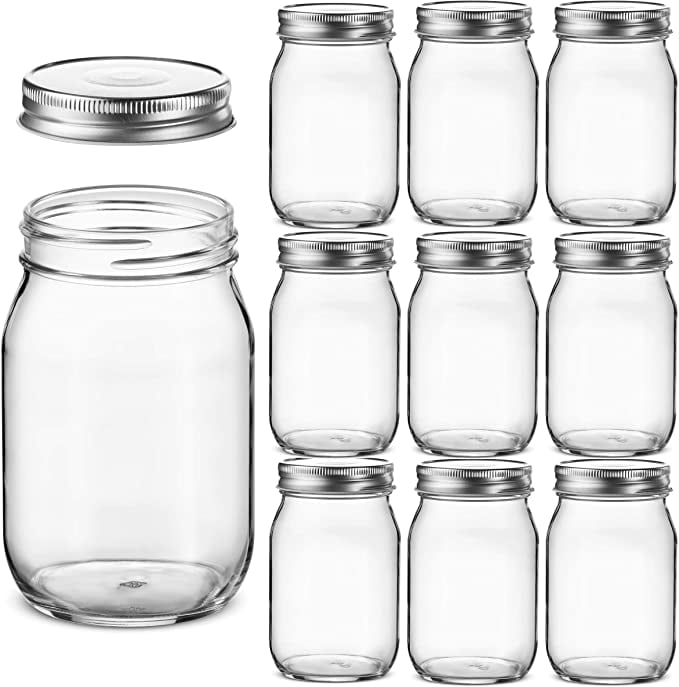 10 Glass Regular Mouth Mason Jars, 16 Ounce