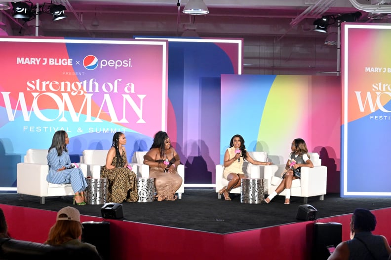 ATLANTA, GEORGIA - MAY 13: (L-R) Mara Brock Akil, Brandee Evans, Raven Goodwin, Gail Bean and Marsai Martin speak onstage during the Strength of a Woman's Summit in Partnership with Mary J. Blige, Pepsi, and Live Nation Urban at AmericasMart Atlanta on Ma
