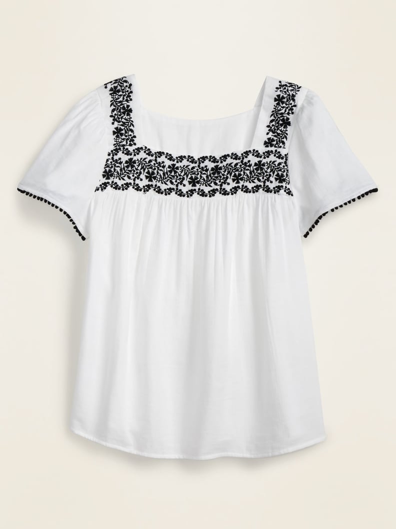 Embroidered-Yoke Square-Neck Top