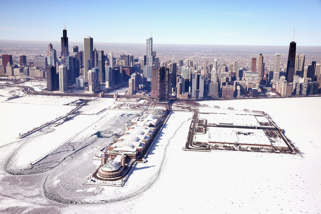Chicago's Navy Pier sits in the now ice-covered Lake Michigan.