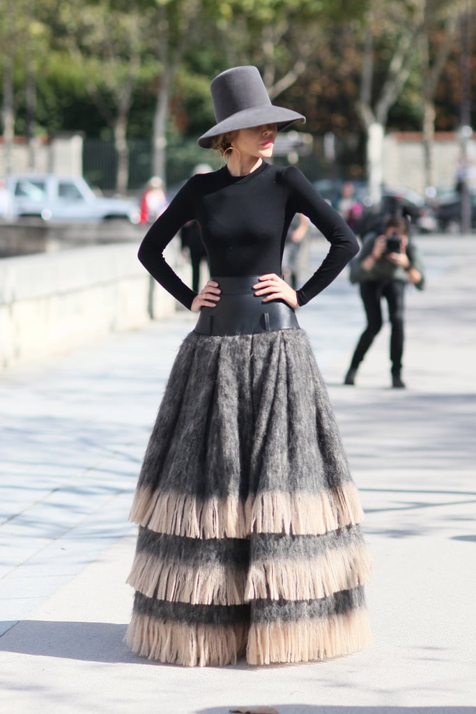 Now this is how you get street snapped: a dramatic floor-length skirt and a ladylike wide-brim hat.
Now this is how you get street snapped: a dramatic floor-length skirt and a ladylike wide-brim hat.