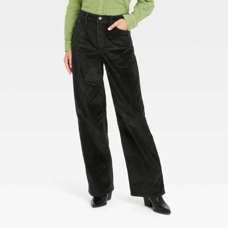 Women's Black Corduroy Pants, High Waist, Wide Leg, Straight Pants