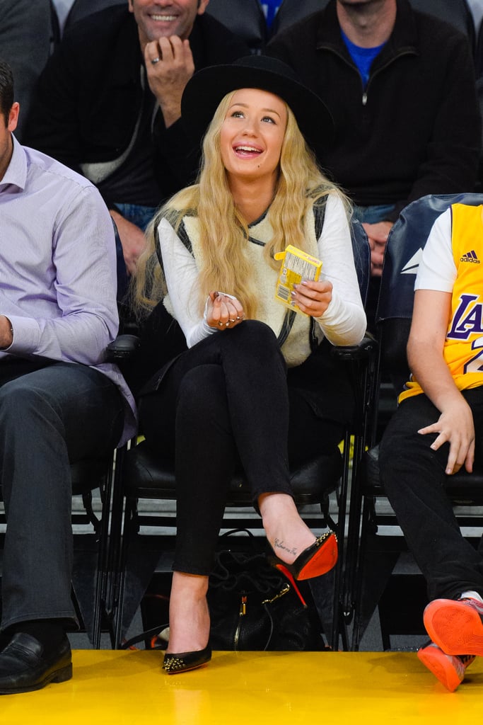 Iggy Azalea supported her boyfriend, LA Lakers player Nick Young, at his team's game against the Portland Trail Blazers in LA on Sunday.