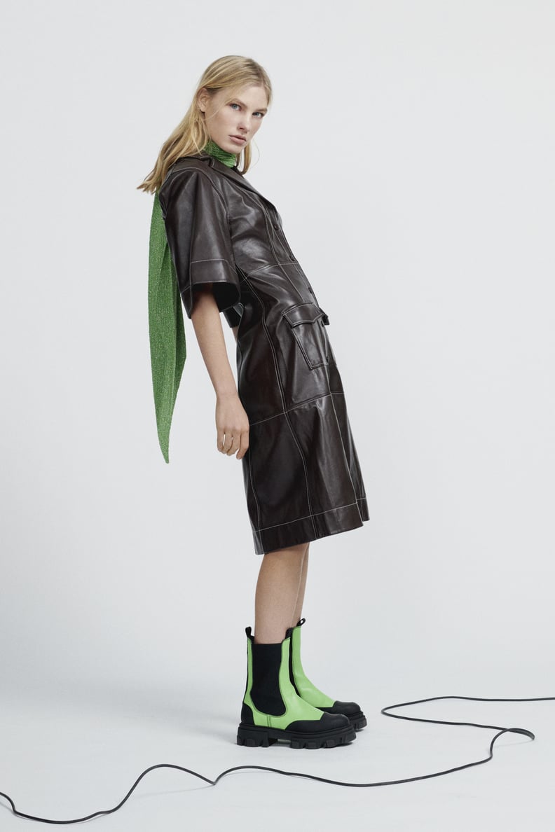 ganni green leather dress Ganni Leather Mini Shirt Dress In Green - 40% Off