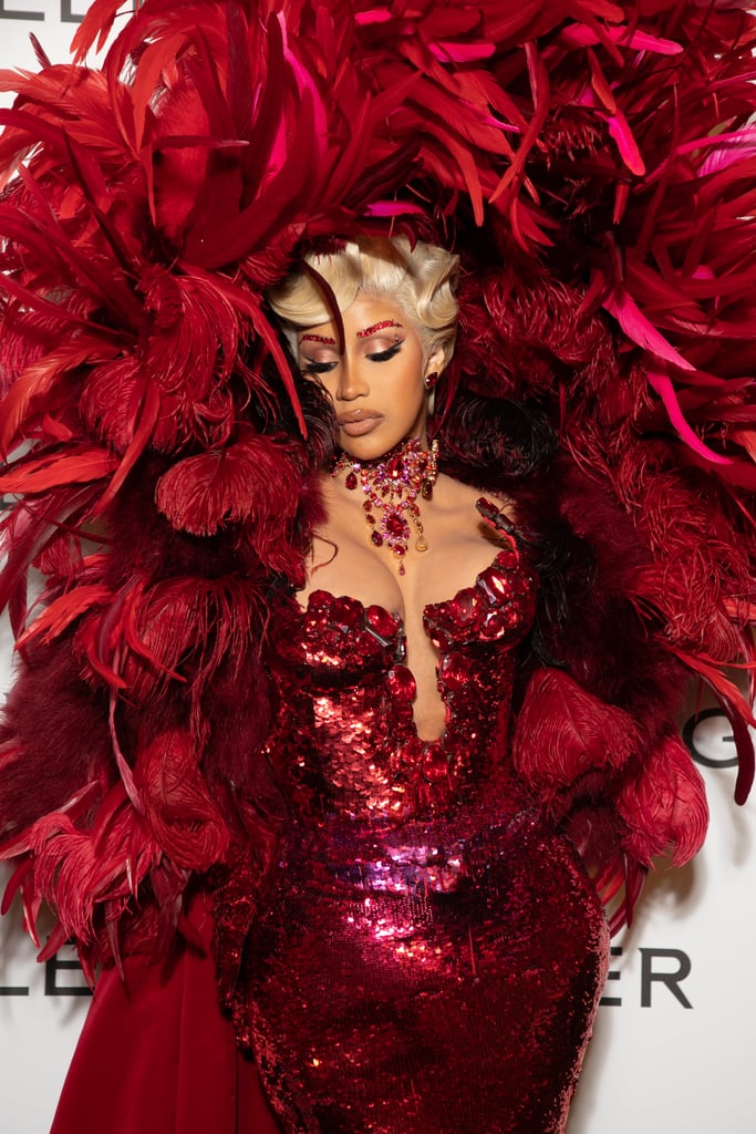 See Cardi B's Red Feathered Dress at Paris Fashion Week 2021