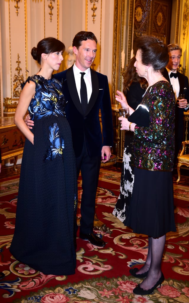 Newlyweds Benedict Cumberbatch and Sophie Hunter chatted with Princess Anne at a dinner benefitting the Motor Neurone Disease Association at Buckingham Palace in London on Tuesday.