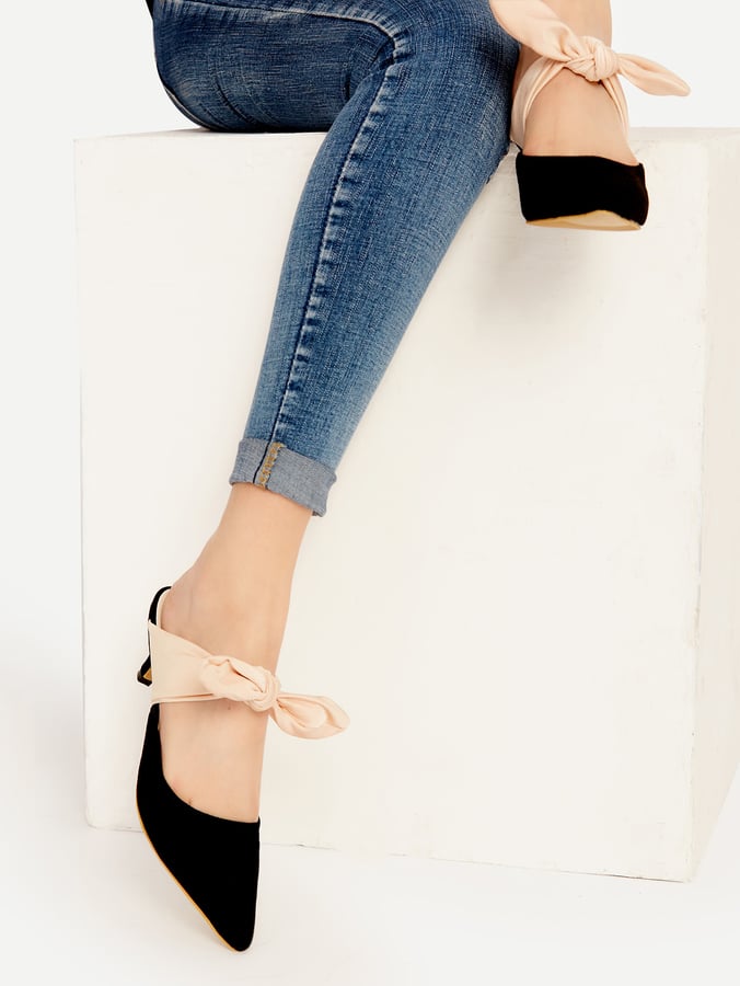 Shein Black Point-Toe Contrast Bow-Tie Heeled Mules