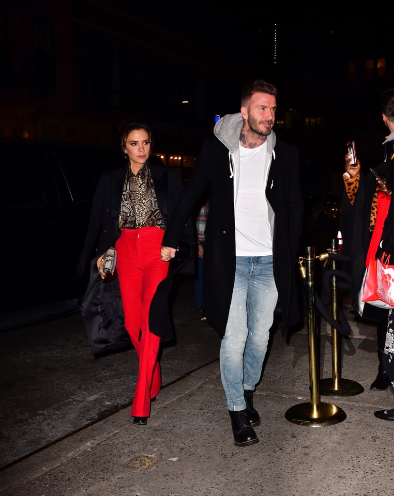 Victoria Beckham Red Pants and Snakeskin Blouse January 2019