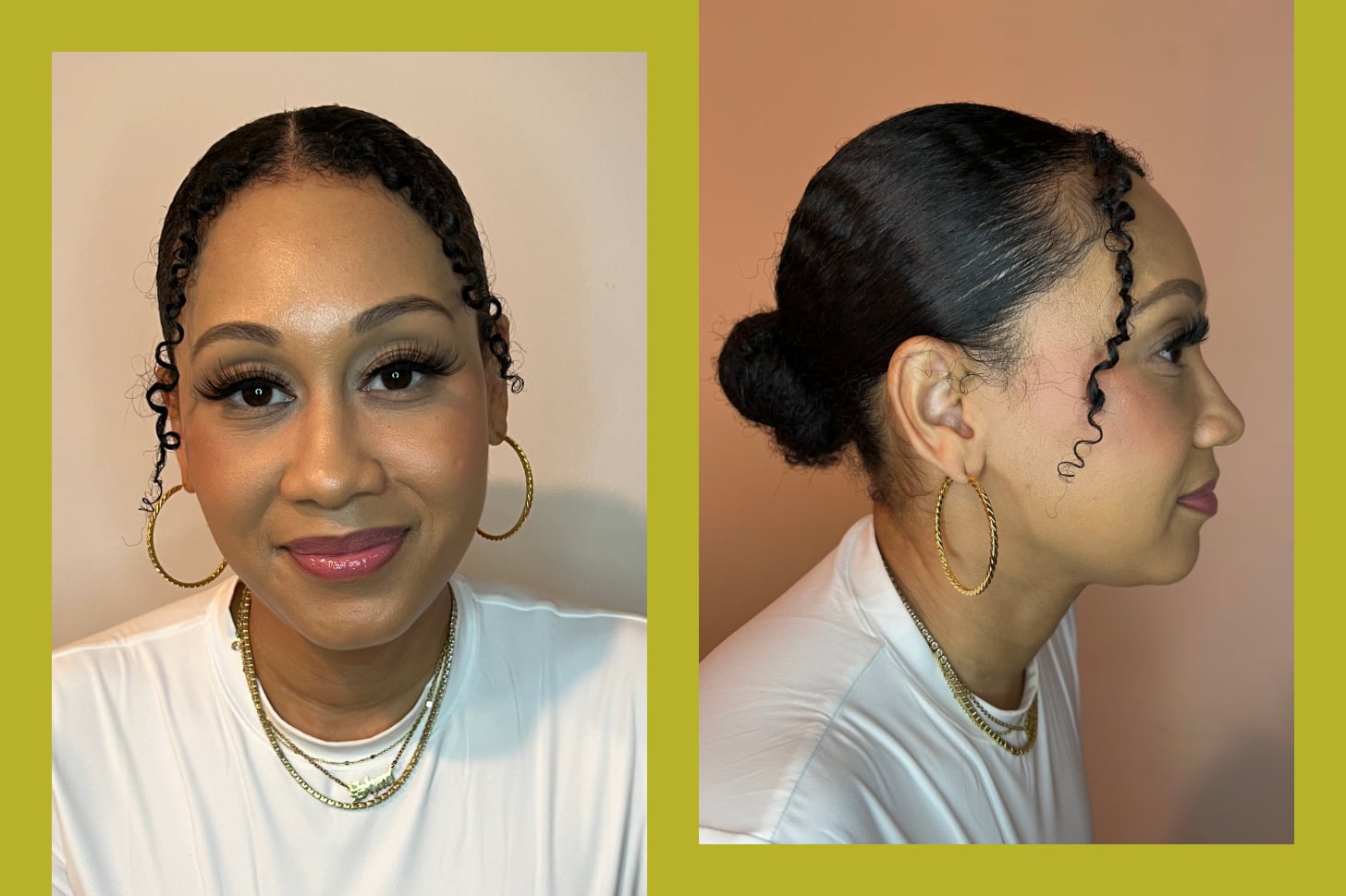 Two photos show PS editor Shari Straker trying on Glamnetic magnetic eyelashes and liner.