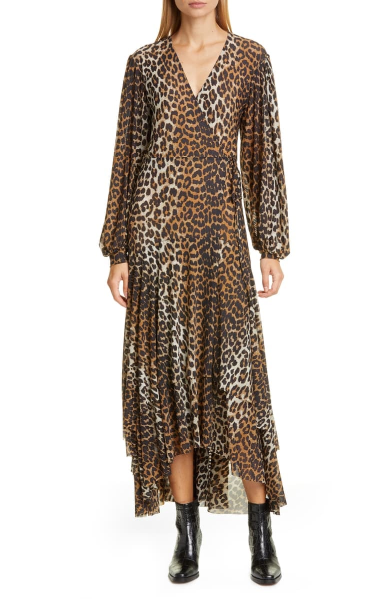 Brown Leopard Print Mesh Long Sleeve Midi Dress