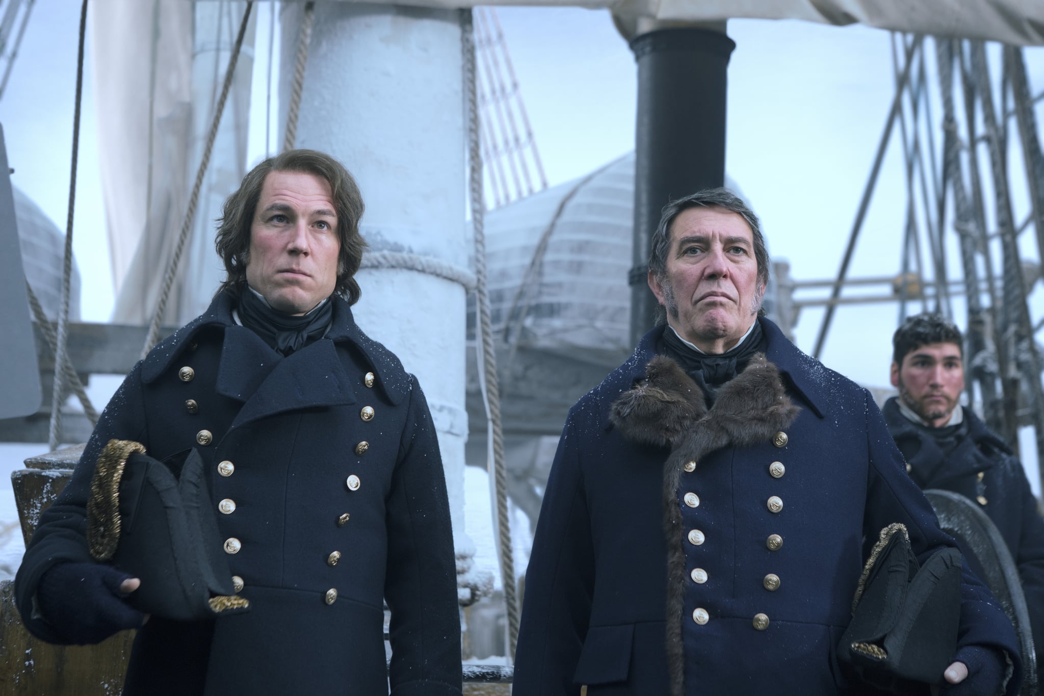 Tobias Menzies as James Fitzjames, Ciarán Hinds as John Franklin - The Terror _ Season 1, Episode 1 - Photo Credit: Aidan Monaghan/AMC