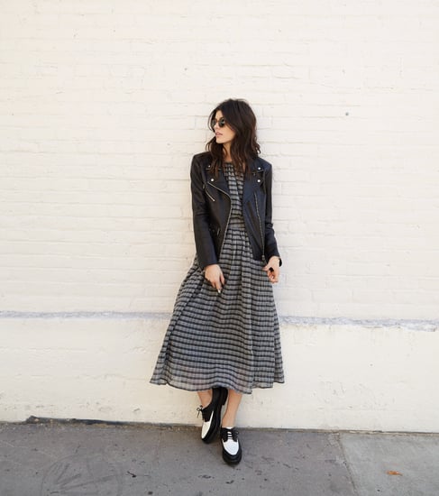 denim dress leather jacket