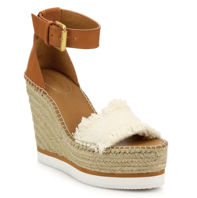 See by Chloé Glyn Leather & Frayed Canvas Espadrille Wedge Platform Sandals