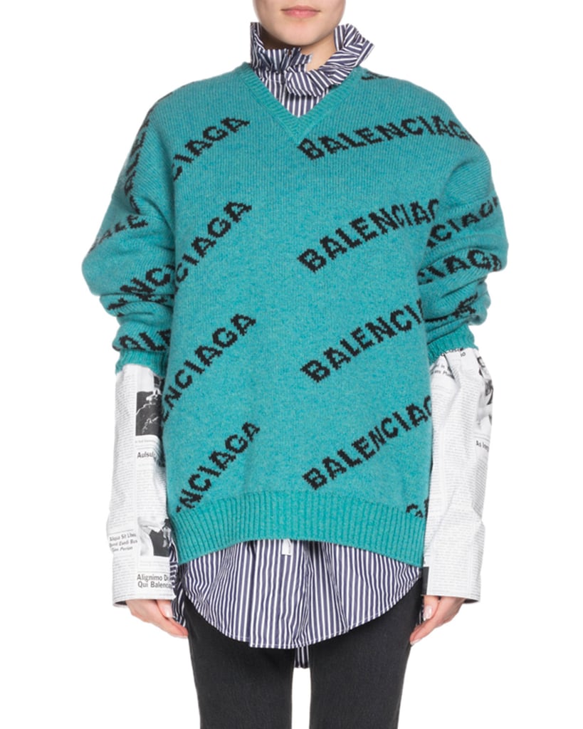 Balenciaga V-Neck Long-Sleeve Logo-Jacquard Wool Sweater