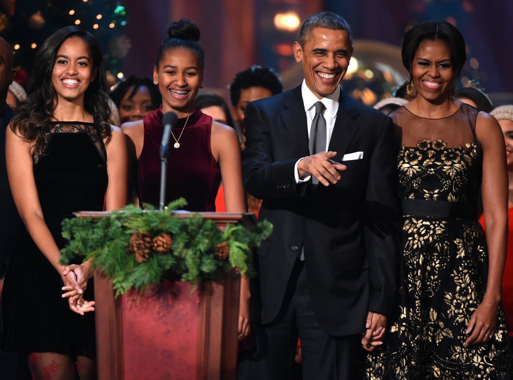 The Obama family was all smiles when they took the stage together for TNT's Christmas in Washington event at the National Building Museum in December 2014.