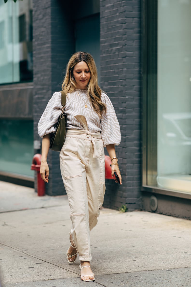 My Puffy-Sleeve Outfit: A Sweater, Pants, Sandals, and a Bag