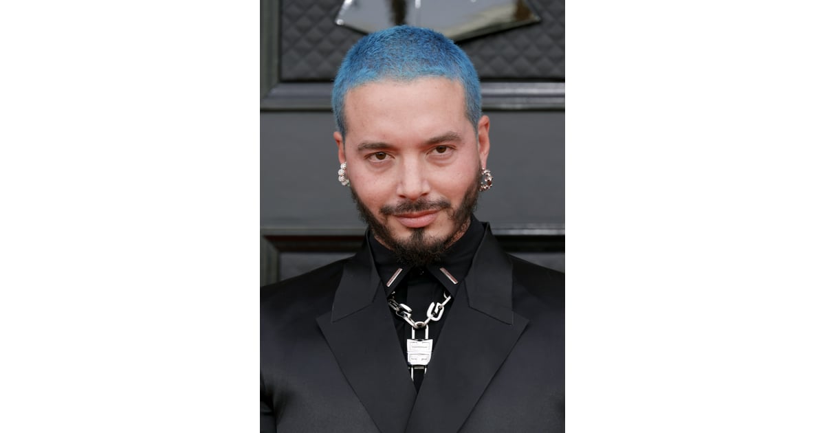 J Balvin Debuts Blue Hair Color With Red Heart at Grammys