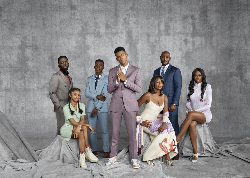 BEL-AIR -- Season: 1 -- Pictured: (l-r) Jimmy Akingbola as Geoffrey, Akira Jolie Akbar as Ashley, Olly Sholotan as Carlton, Jabari Banks as Will, Cassandra Freeman as Viv, Adrian Holmes as Phil, Courtney Coco Jones as Hilary -- (Photo by: Kwaku Alston/Peacock)