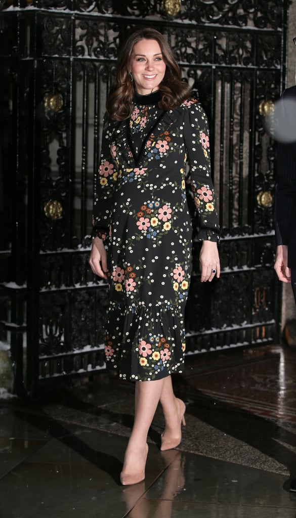 In March, Kate stepped out in the snow to attend an exhibition at the National Portrait Gallery. She wore a floral Orla Kiely dress, Gianvito Rossi pumps, drop earrings by Kiki McDonough, and a beige Jimmy Choo clutch.