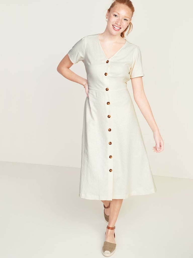 Old Navy Fit & Flare Button-Front Linen-Blend Midi Dress