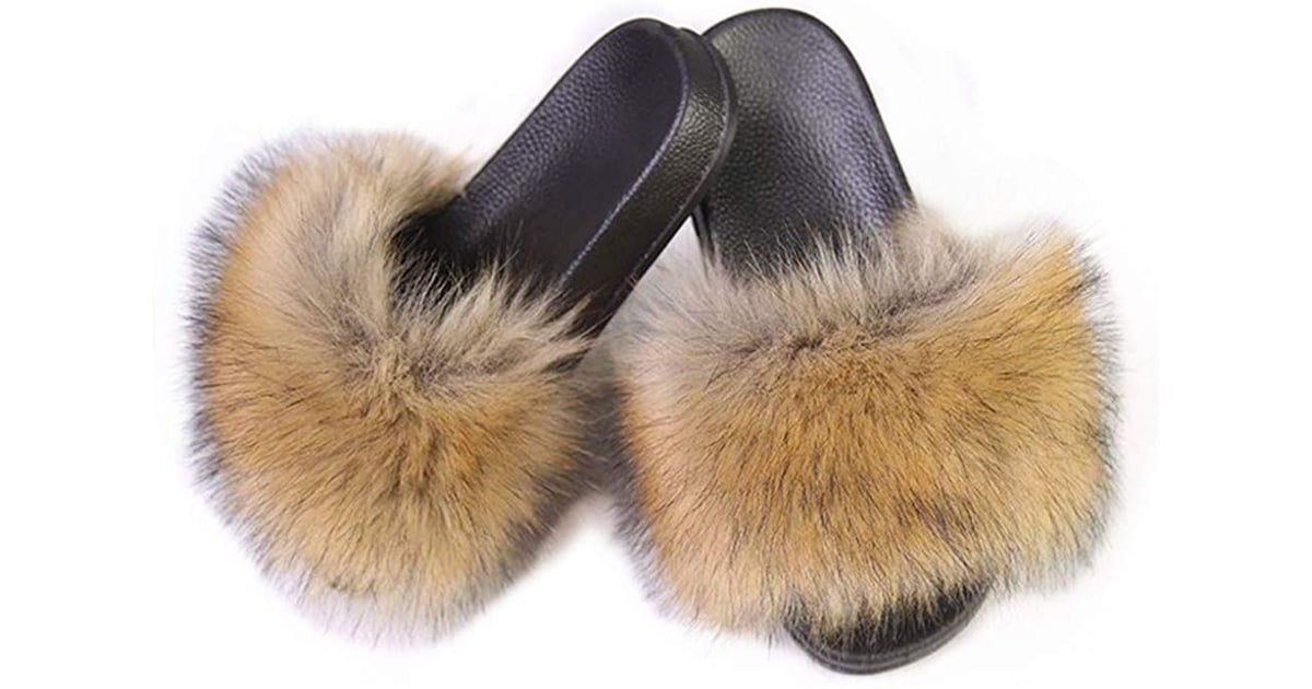 tan faux fur slides