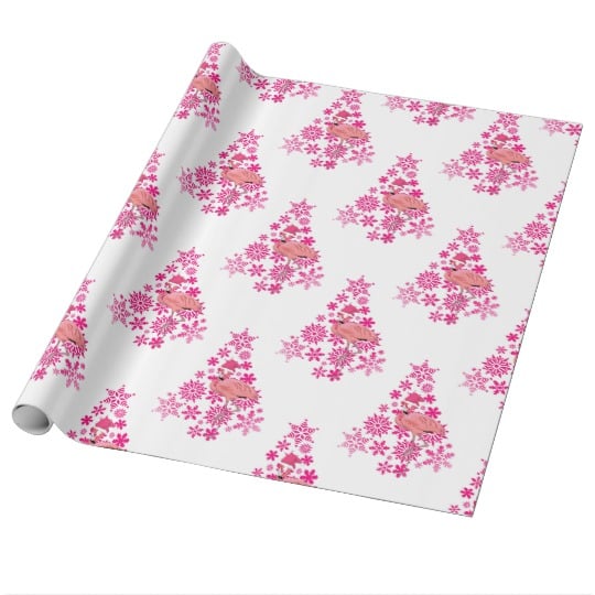 Pink Flamingo Santa Snowflake Christmas Tree Wrapping Paper