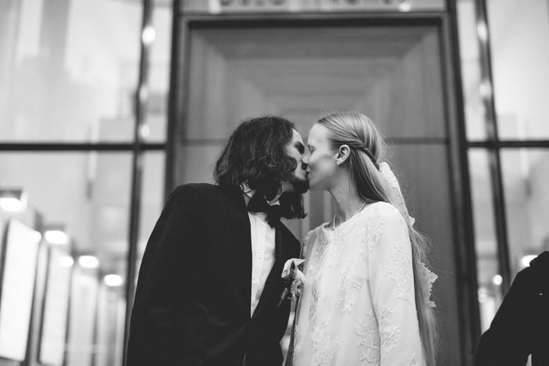 For the Happy Occasion, the Bride Wore a Short Lace Dress