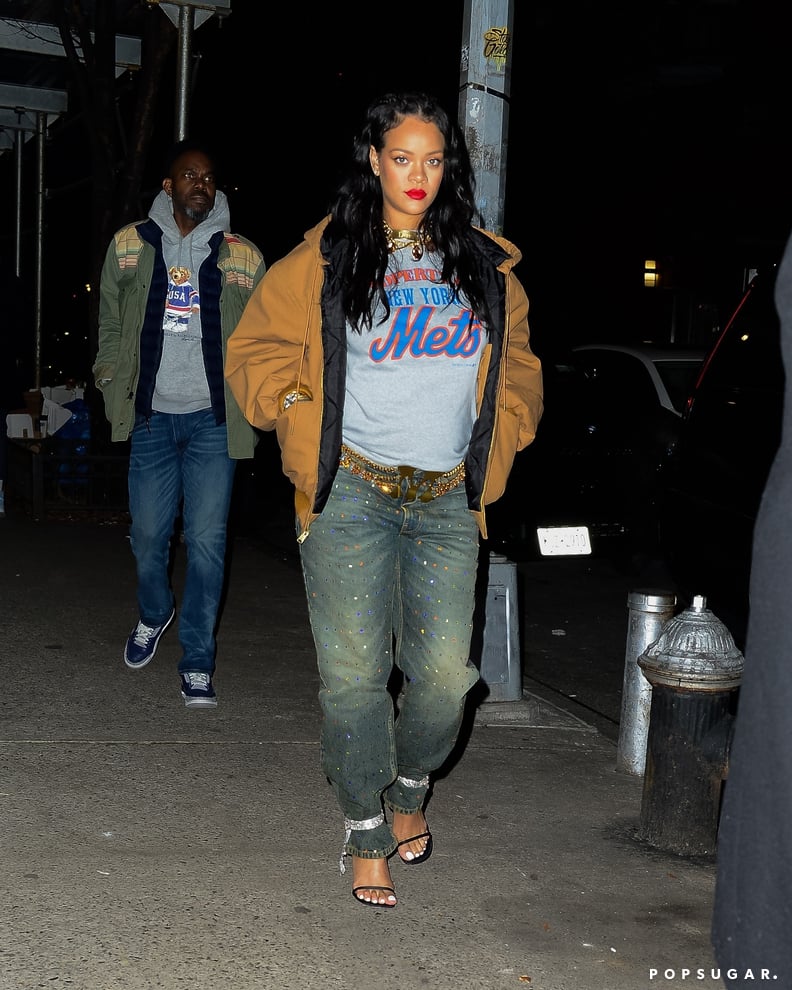 Rihanna Wearing a Mets Shirt and an R13 Bomber Jacket